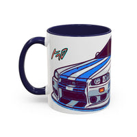 Racing Skyline Accent Coffee Mug — White & Blue Sports Car Illustration (11/15oz)