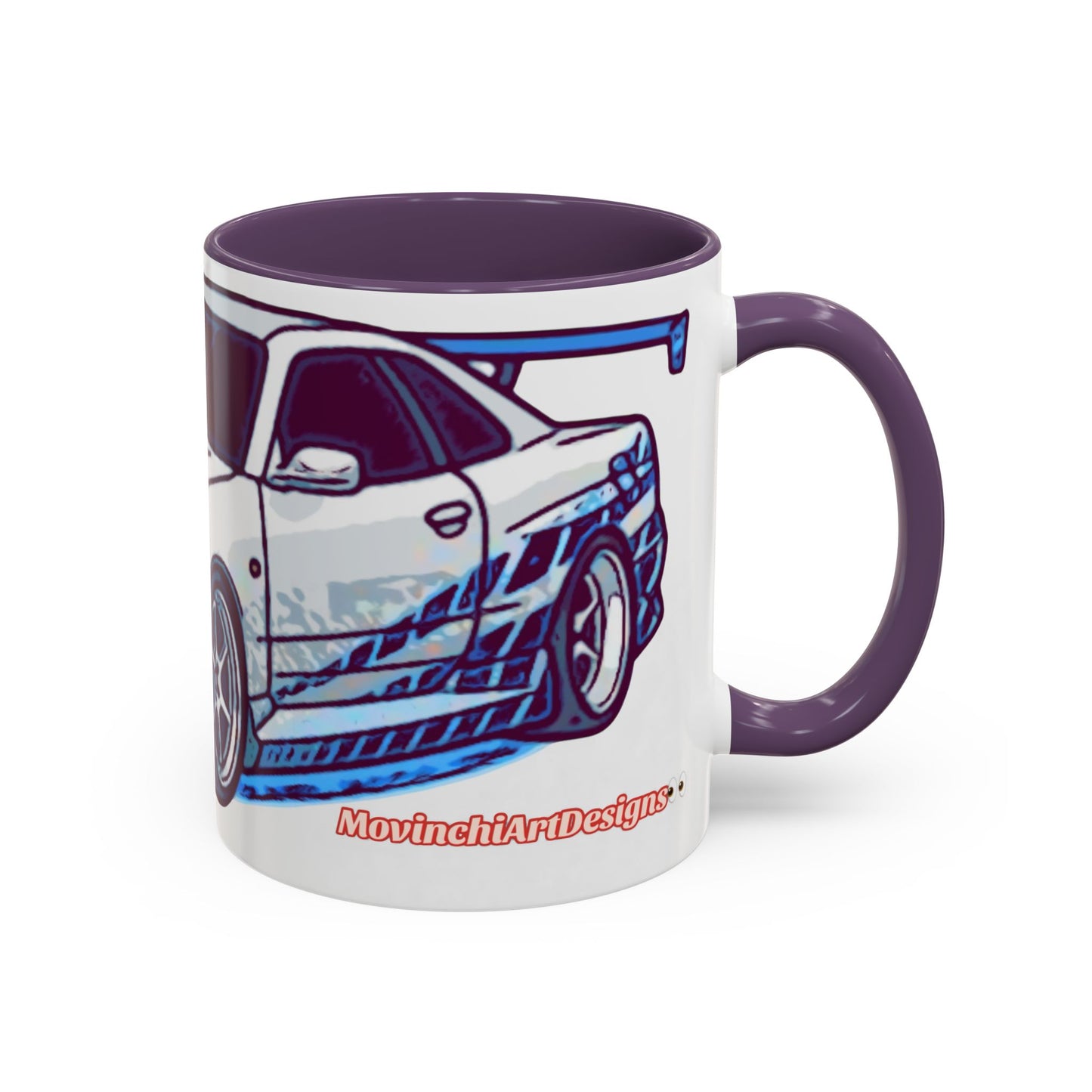 Racing Skyline Accent Coffee Mug — White & Blue Sports Car Illustration (11/15oz)