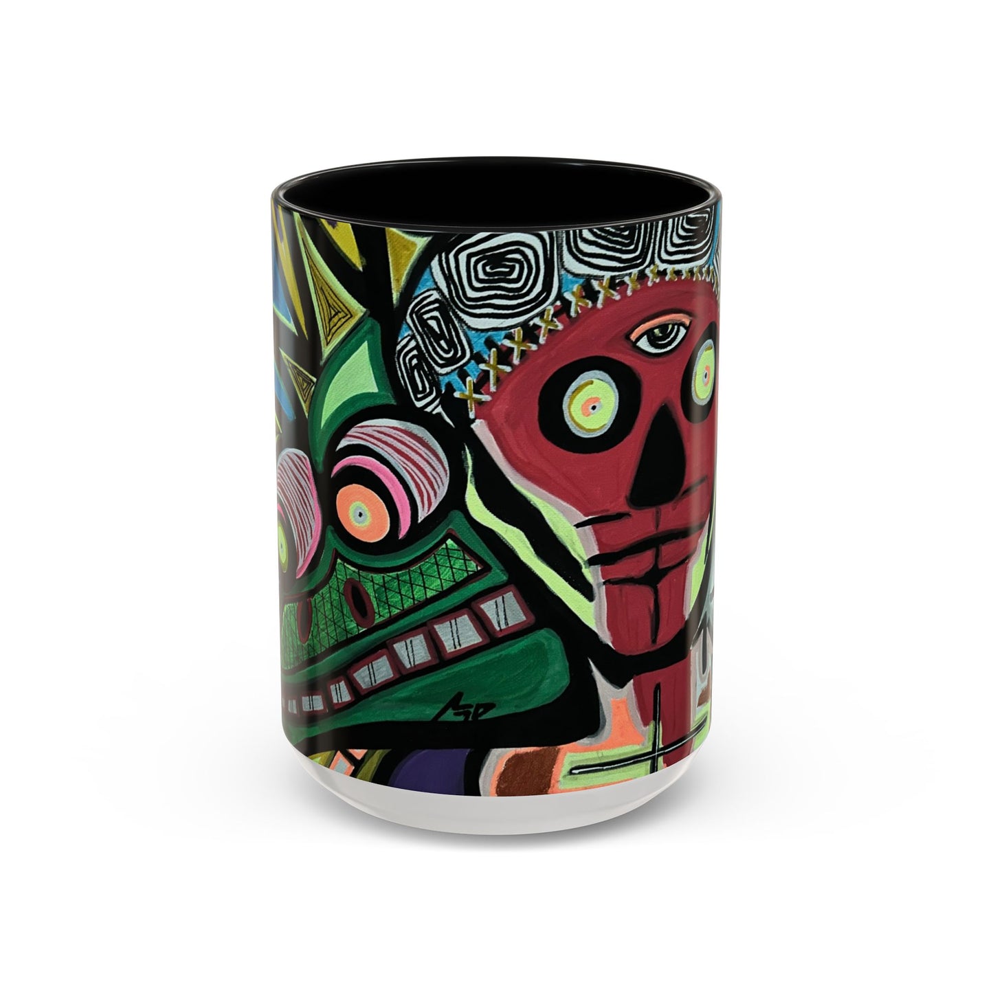 Abstract Day of the Dead Skull Accent Coffee Mug — Colorful Neon Skull Art (11/15oz)