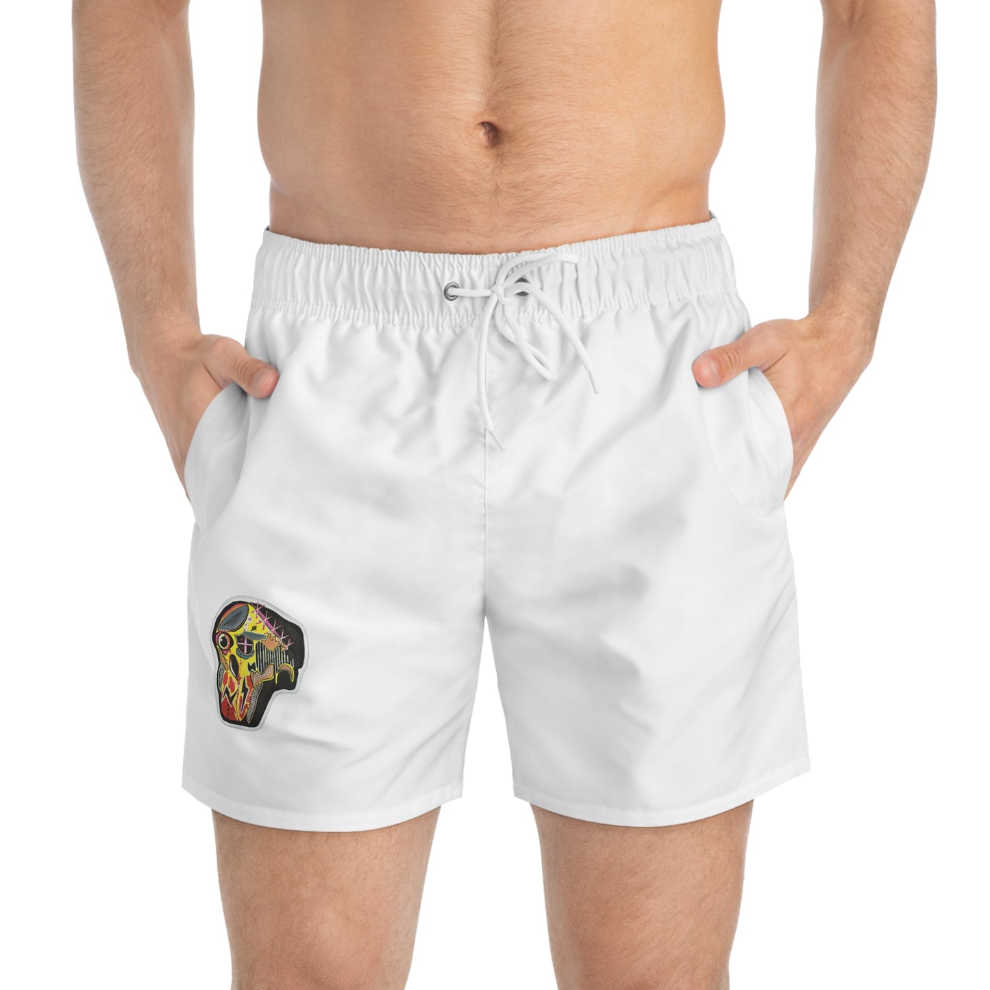 INFECTED.  Skull Patch Swim Trunks — Abstract Neon Skull Beach Shorts