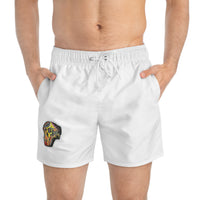 INFECTED.  Skull Patch Swim Trunks — Abstract Neon Skull Beach Shorts