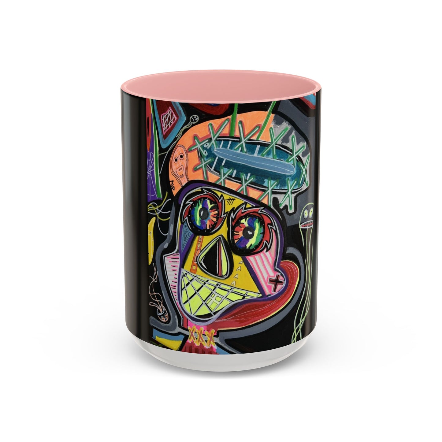 Colorful Neon OVERTHINKING  Skull Coffee Mug — Vibrant Abstract Day of the Dead Accent Mug