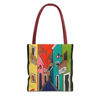 SAN SEBASTIAN.  Colorful Street Art Tote Bag – Vibrant Cityscape AOP Tote