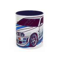 Racing Skyline Accent Coffee Mug — White & Blue Sports Car Illustration (11/15oz)