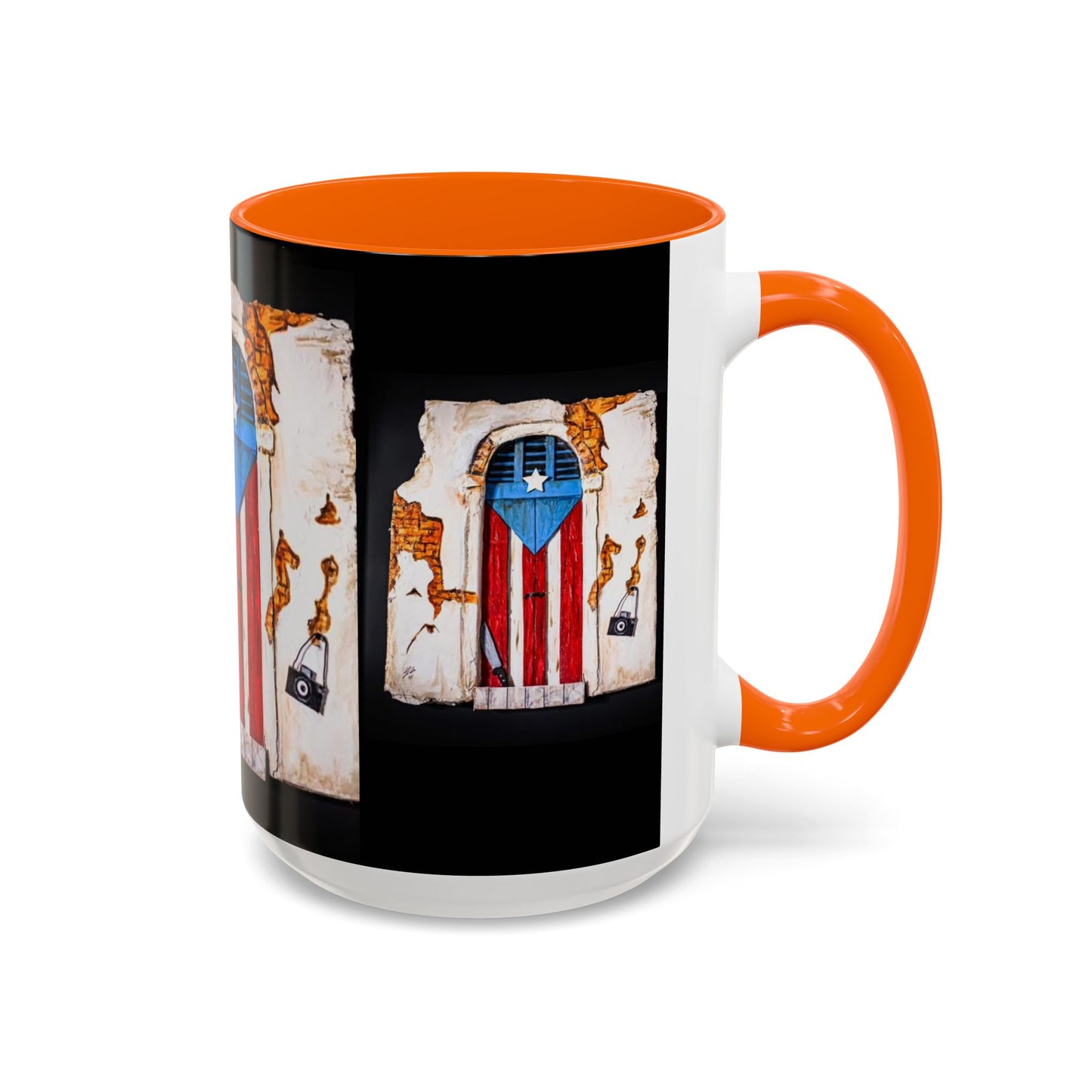 Puerto Rico Flag Door Accent Coffee Mug — Vintage Rustic Boricua Pride (11/15oz)