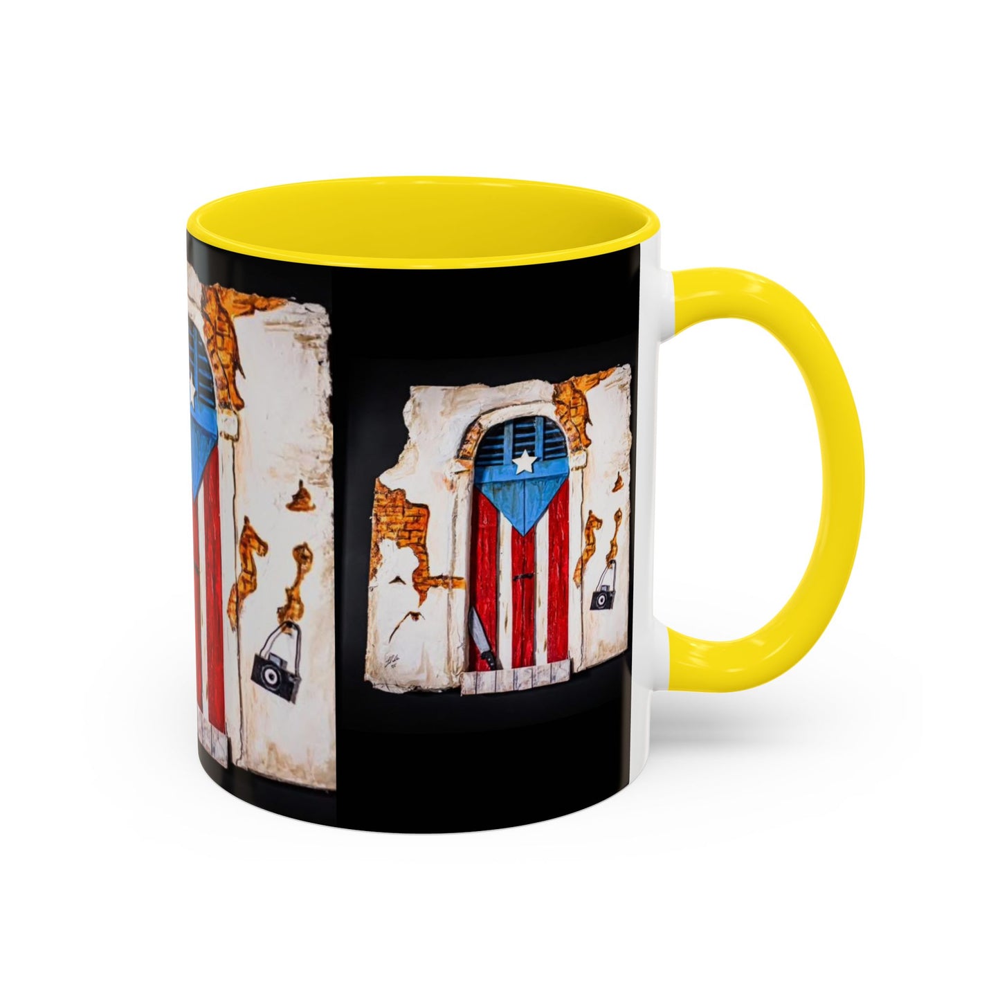 Puerto Rico Flag Door Accent Coffee Mug — Vintage Rustic Boricua Pride (11/15oz)