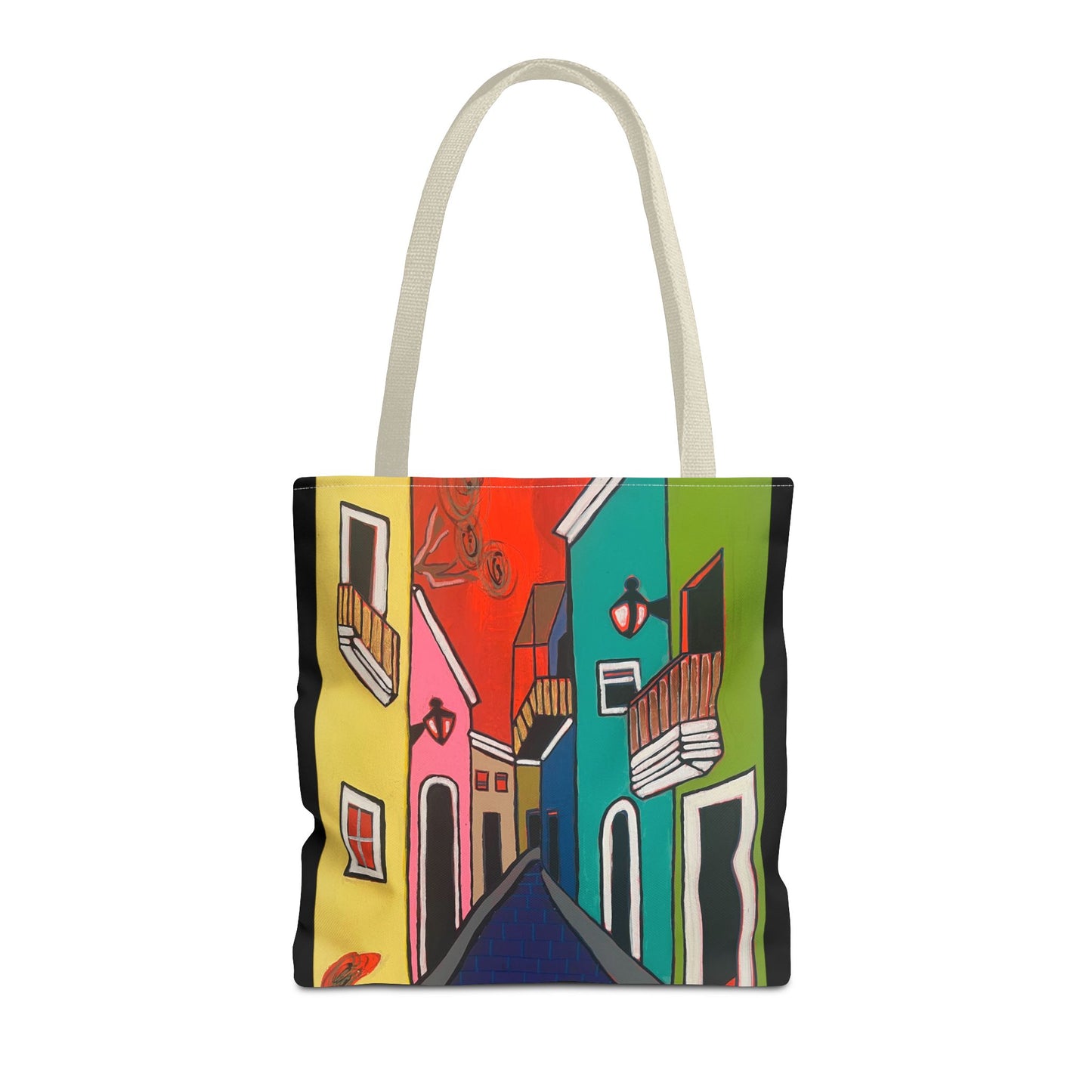 SAN SEBASTIAN.  Colorful Street Art Tote Bag – Vibrant Cityscape AOP Tote