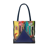 SAN SEBASTIAN.  Colorful Street Art Tote Bag – Vibrant Cityscape AOP Tote