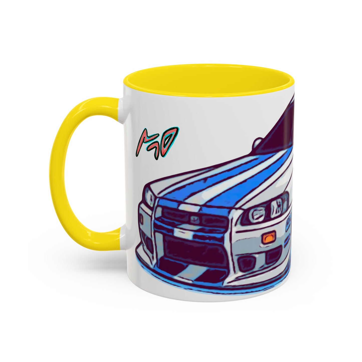 Racing Skyline Accent Coffee Mug — White & Blue Sports Car Illustration (11/15oz)