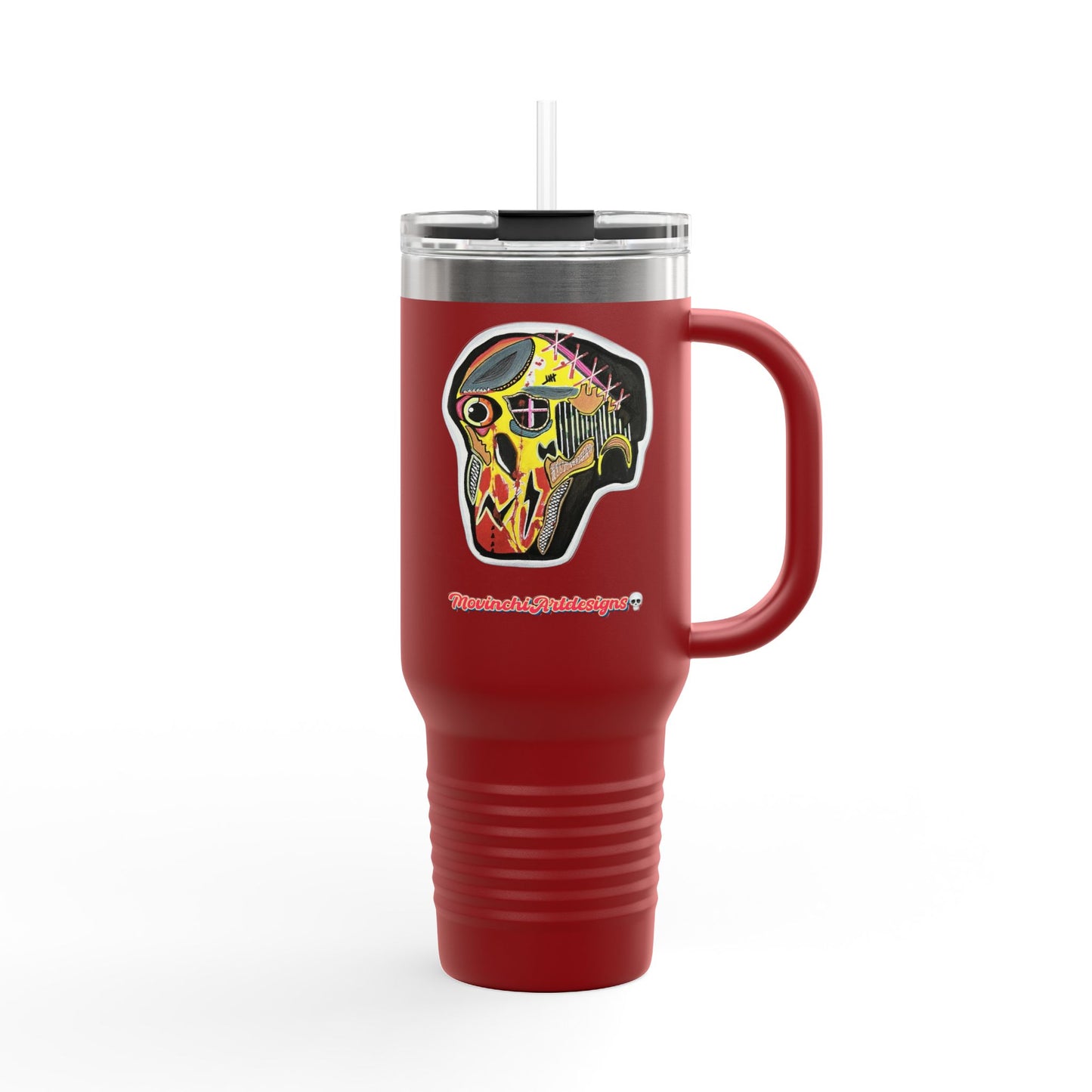 MOVINCHIARTDESIGNS.  40oz Insulated Travel Mug — Colorful Abstract Skull Design, Spill‑Resistant Tumbler
