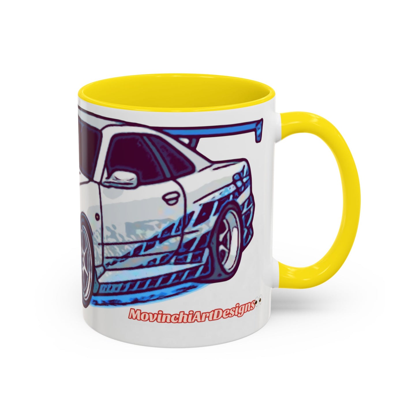 Racing Skyline Accent Coffee Mug — White & Blue Sports Car Illustration (11/15oz)