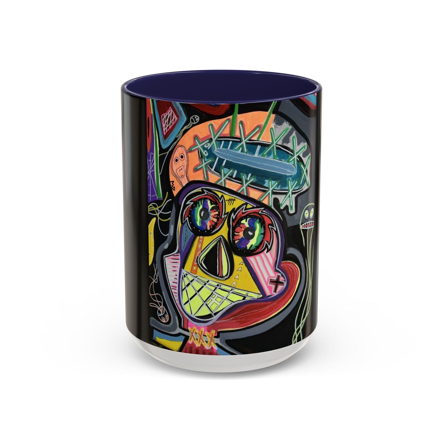 Colorful Neon OVERTHINKING  Skull Coffee Mug — Vibrant Abstract Day of the Dead Accent Mug