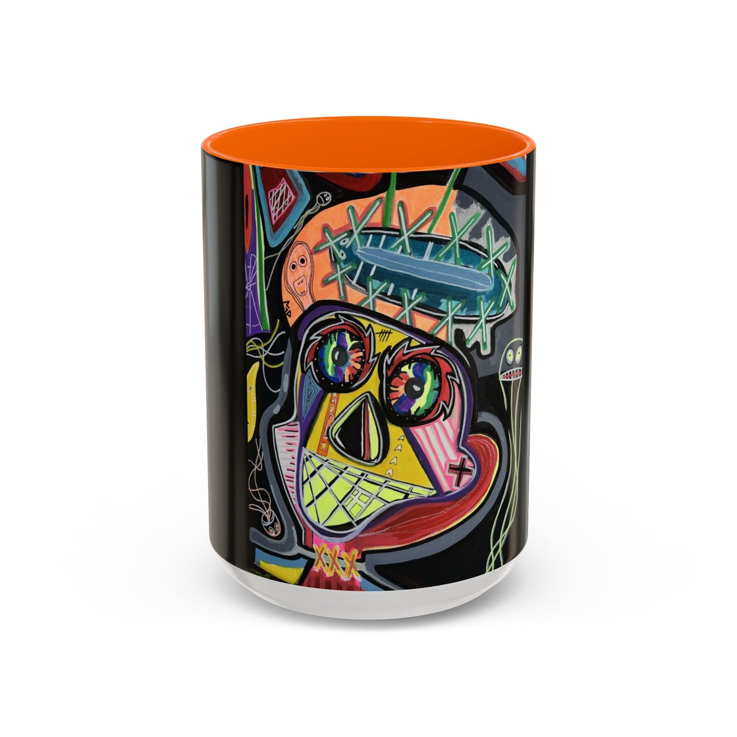 Colorful Neon OVERTHINKING  Skull Coffee Mug — Vibrant Abstract Day of the Dead Accent Mug