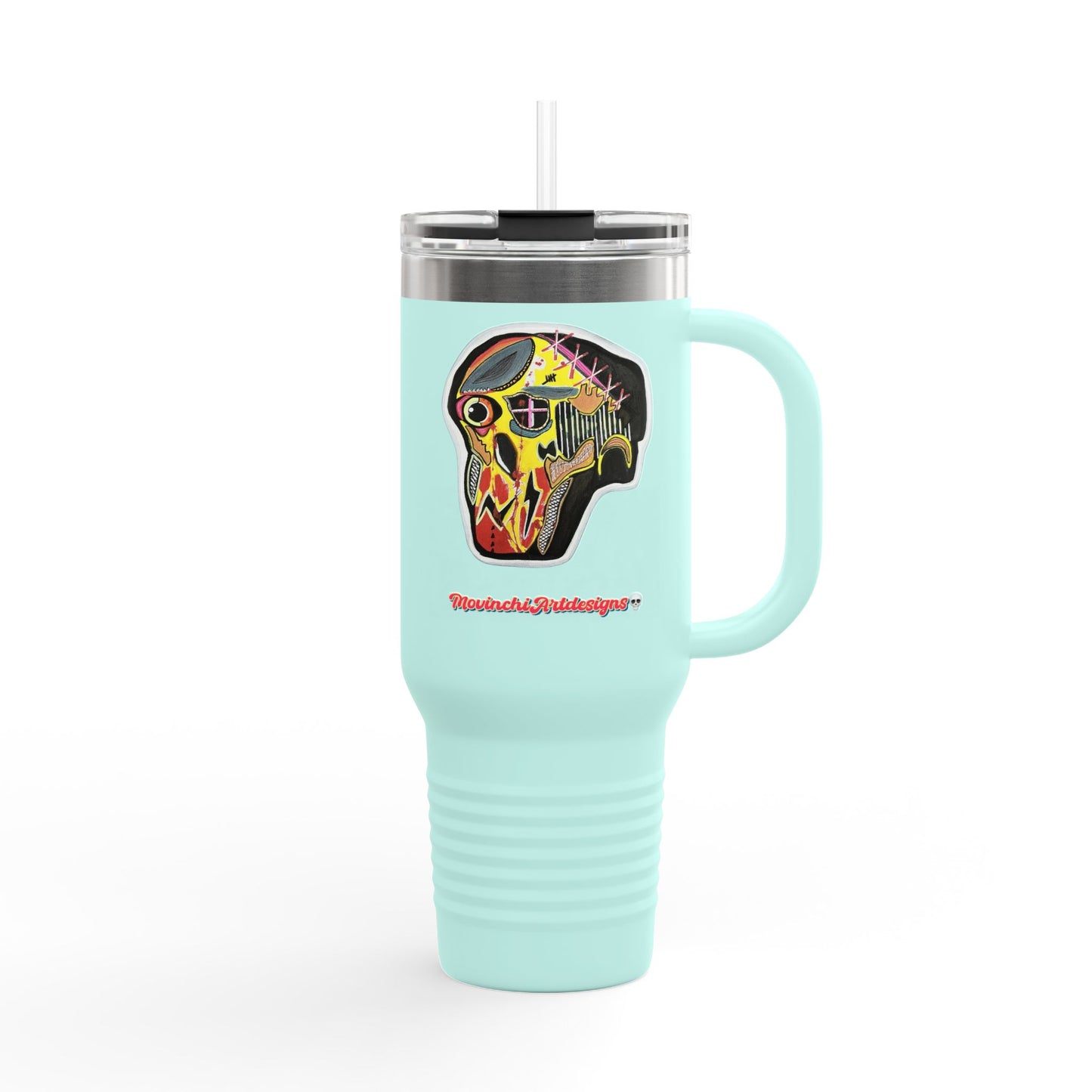 MOVINCHIARTDESIGNS.  40oz Insulated Travel Mug — Colorful Abstract Skull Design, Spill‑Resistant Tumbler