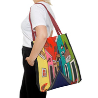 SAN SEBASTIAN.  Colorful Street Art Tote Bag – Vibrant Cityscape AOP Tote
