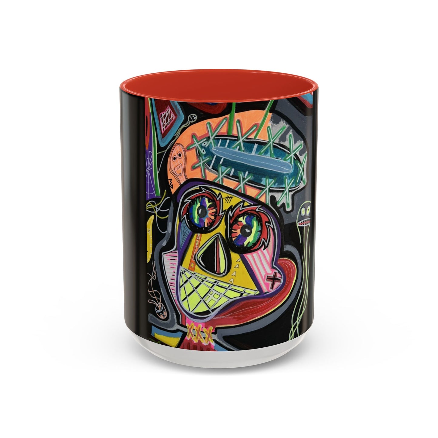 Colorful Neon OVERTHINKING  Skull Coffee Mug — Vibrant Abstract Day of the Dead Accent Mug