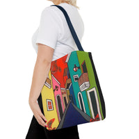 SAN SEBASTIAN.  Colorful Street Art Tote Bag – Vibrant Cityscape AOP Tote
