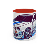 Racing Skyline Accent Coffee Mug — White & Blue Sports Car Illustration (11/15oz)