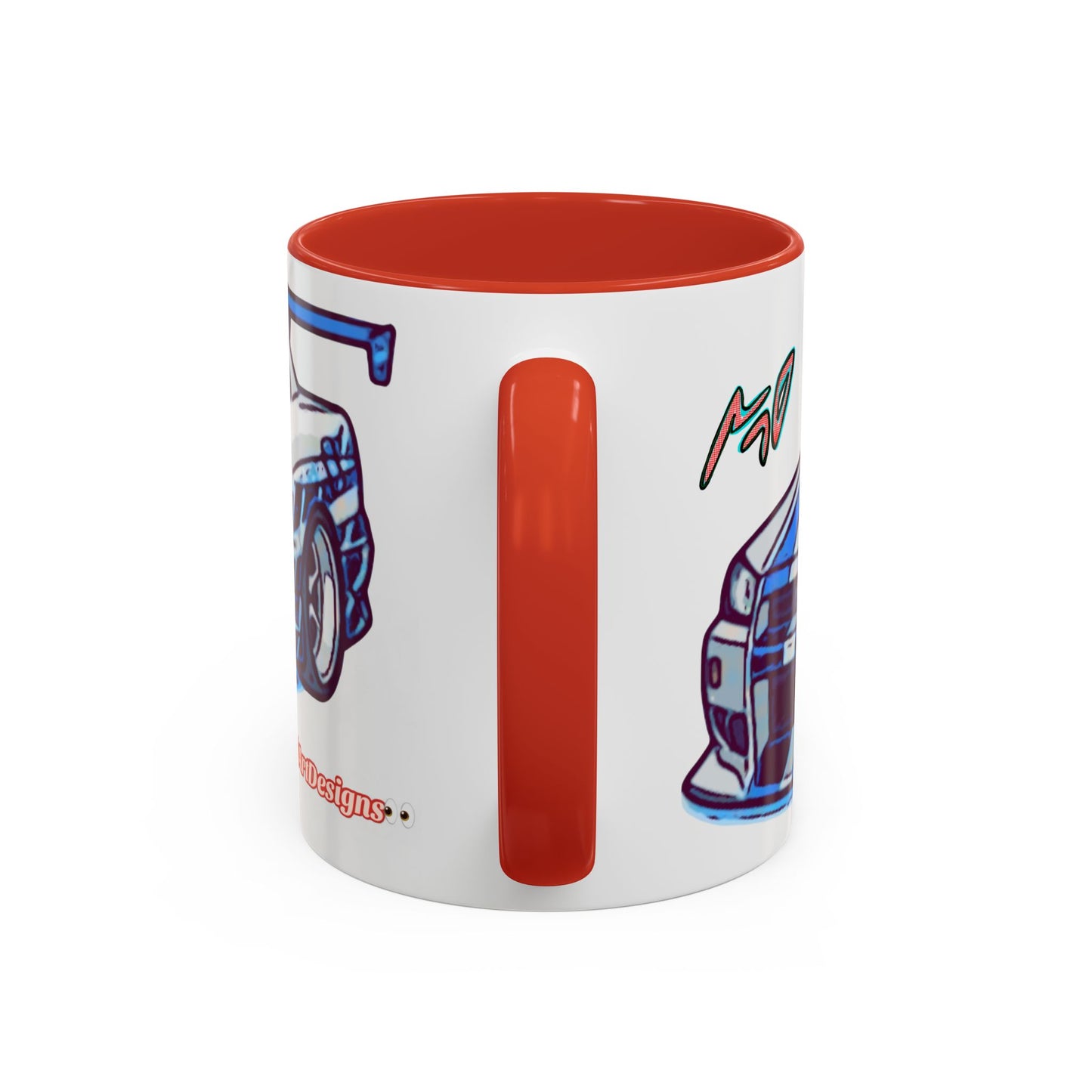 Racing Skyline Accent Coffee Mug — White & Blue Sports Car Illustration (11/15oz)