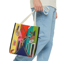 SAN SEBASTIAN.  Colorful Street Art Tote Bag – Vibrant Cityscape AOP Tote