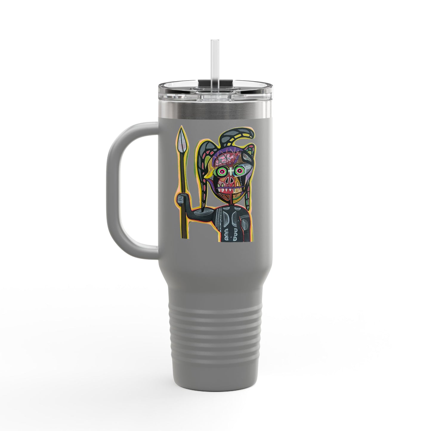 MOVINCHIARTDESIGNS.  40oz Insulated Travel Mug — Colorful Abstract Skull Design, Spill‑Resistant Tumbler