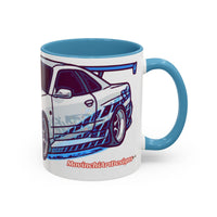 Racing Skyline Accent Coffee Mug — White & Blue Sports Car Illustration (11/15oz)