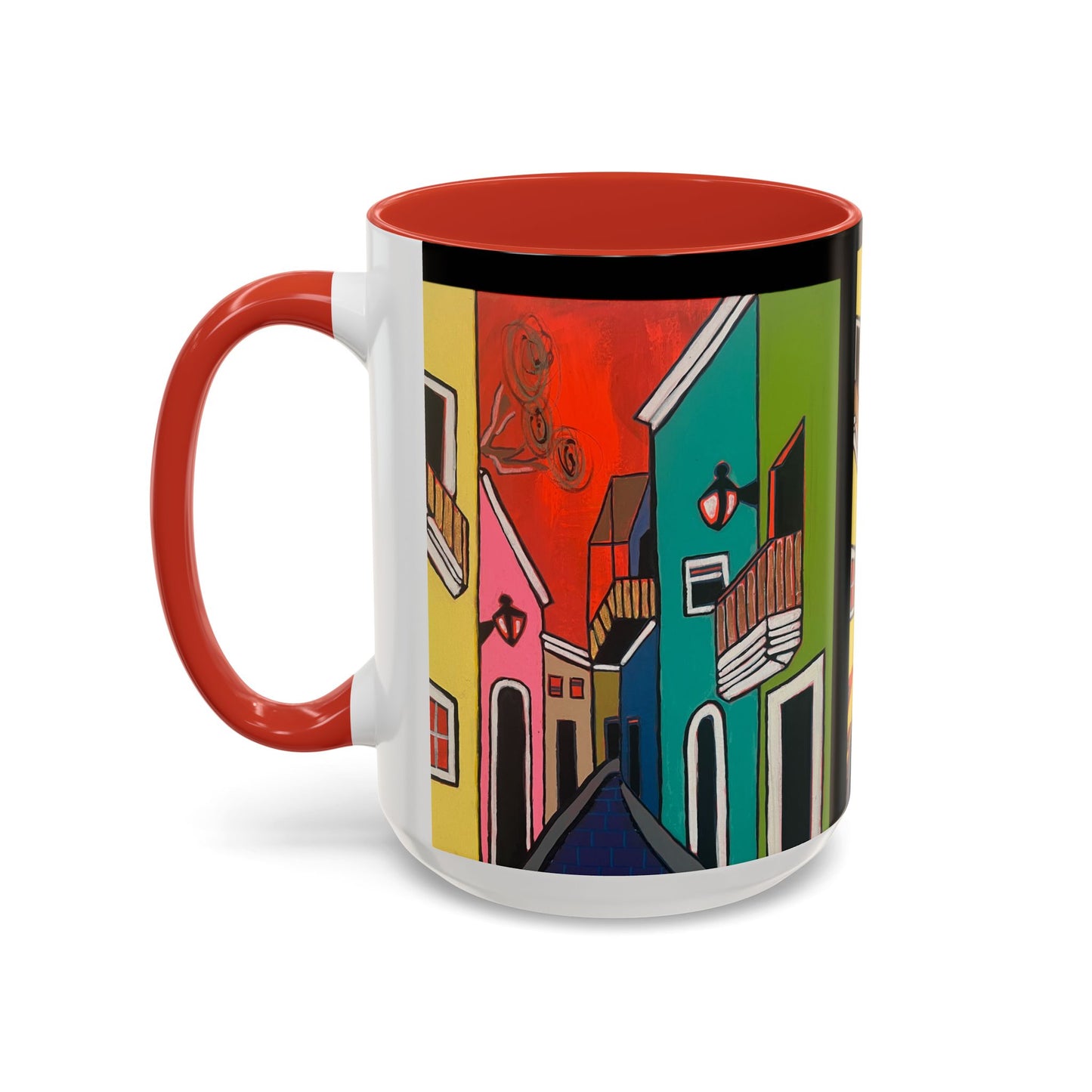 SAN SEBASTIAN.  Colorful Street Scene Accent Coffee Mug — Vibrant Urban Art Ceramic Mug (11/15oz)
