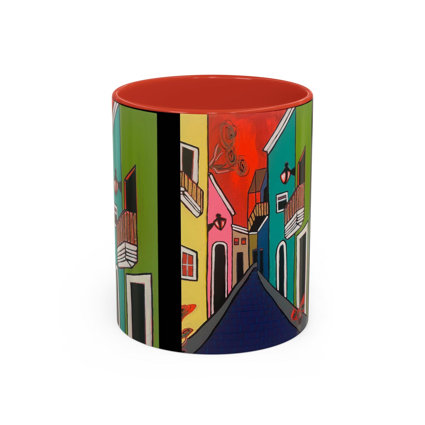 SAN SEBASTIAN.  Colorful Street Scene Accent Coffee Mug — Vibrant Urban Art Ceramic Mug (11/15oz)
