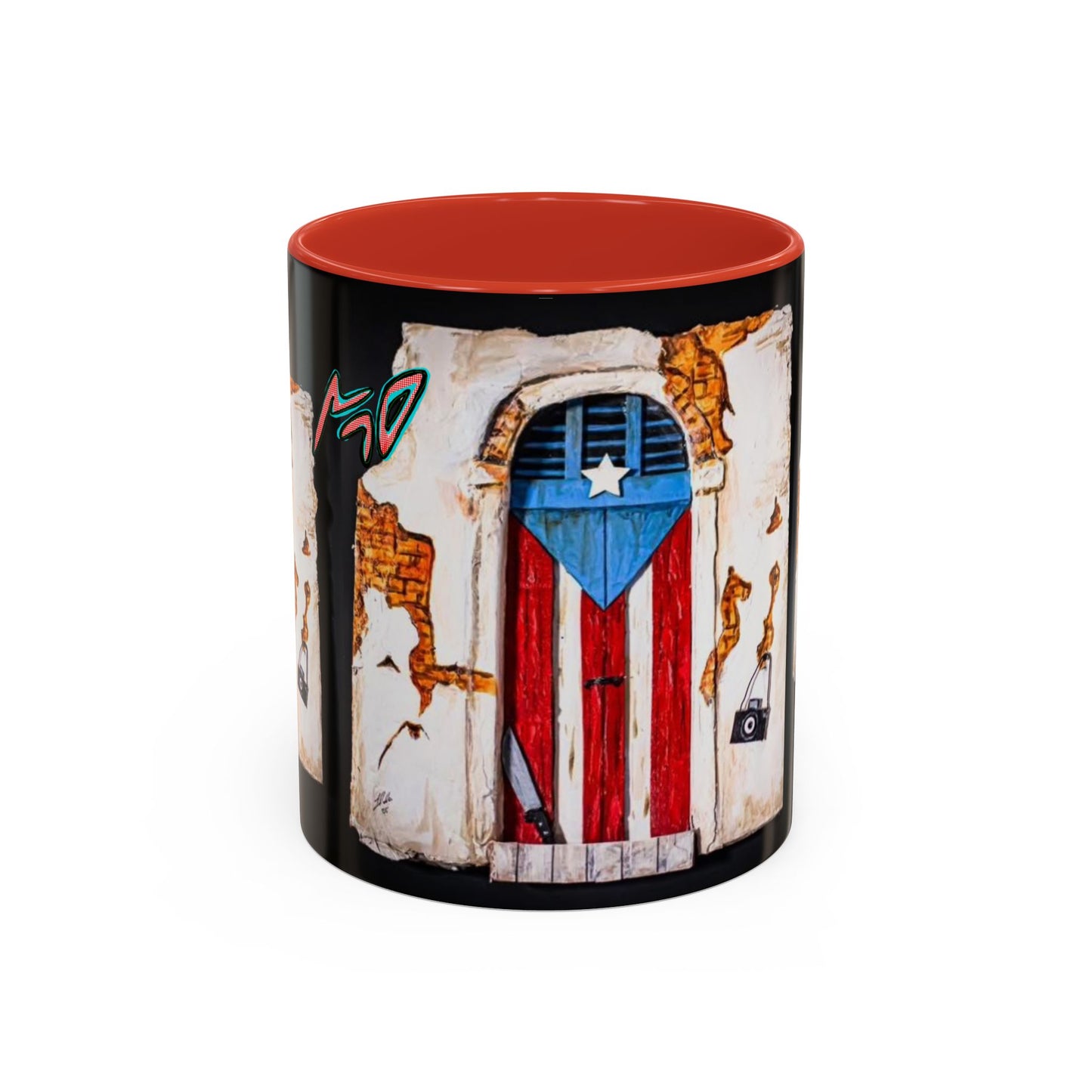 Puerto Rico Flag Door Accent Coffee Mug — Vintage Rustic Boricua Pride (11/15oz)