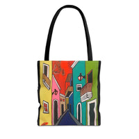 SAN SEBASTIAN.  Colorful Street Art Tote Bag – Vibrant Cityscape AOP Tote