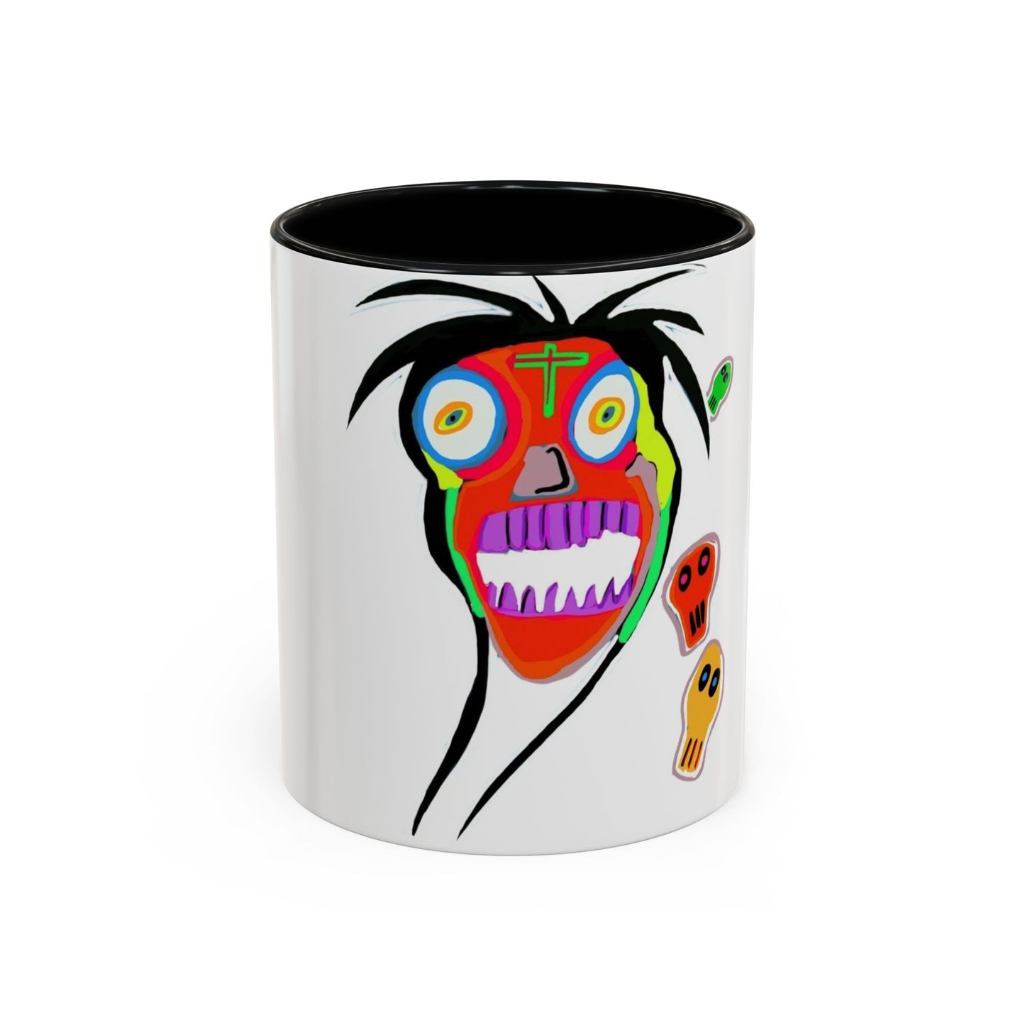 Colorful Tribal Mask Coffee Mug — Vibrant Skull Art Accent Mug (11/15oz)