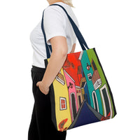 SAN SEBASTIAN.  Colorful Street Art Tote Bag – Vibrant Cityscape AOP Tote