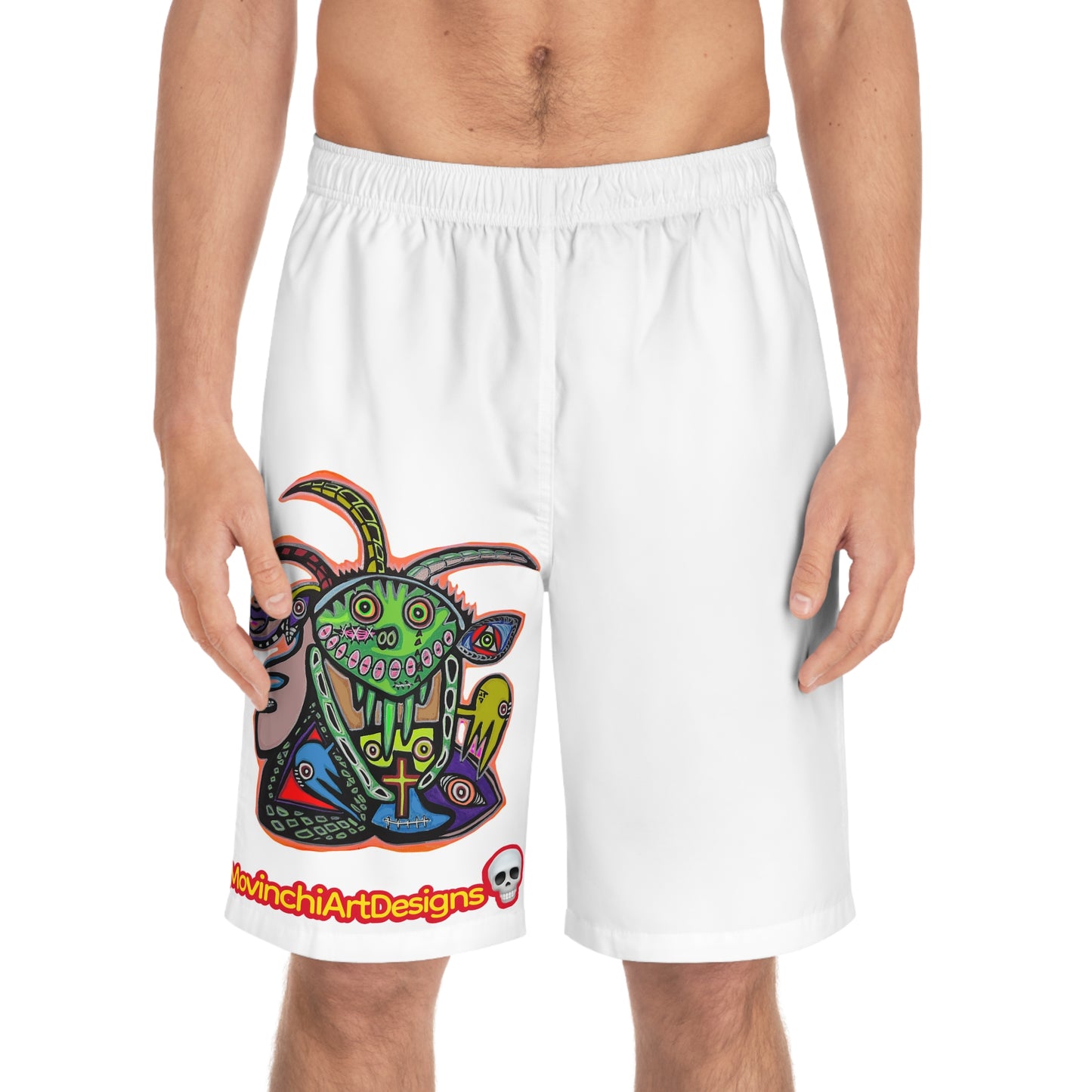 RYDER.  Men's Board Shorts with Colorful Tribal Goat Graphic — MovinchiArt Designs