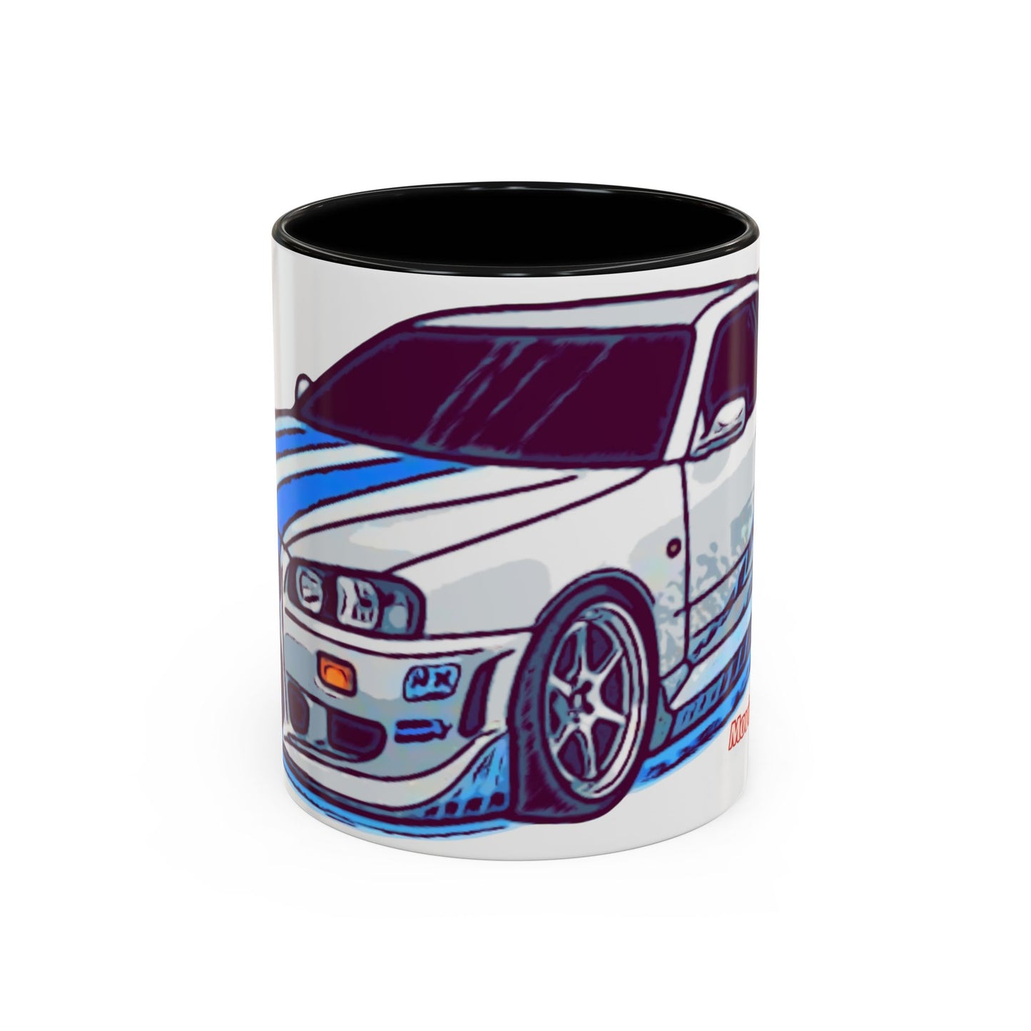 Racing Skyline Accent Coffee Mug — White & Blue Sports Car Illustration (11/15oz)