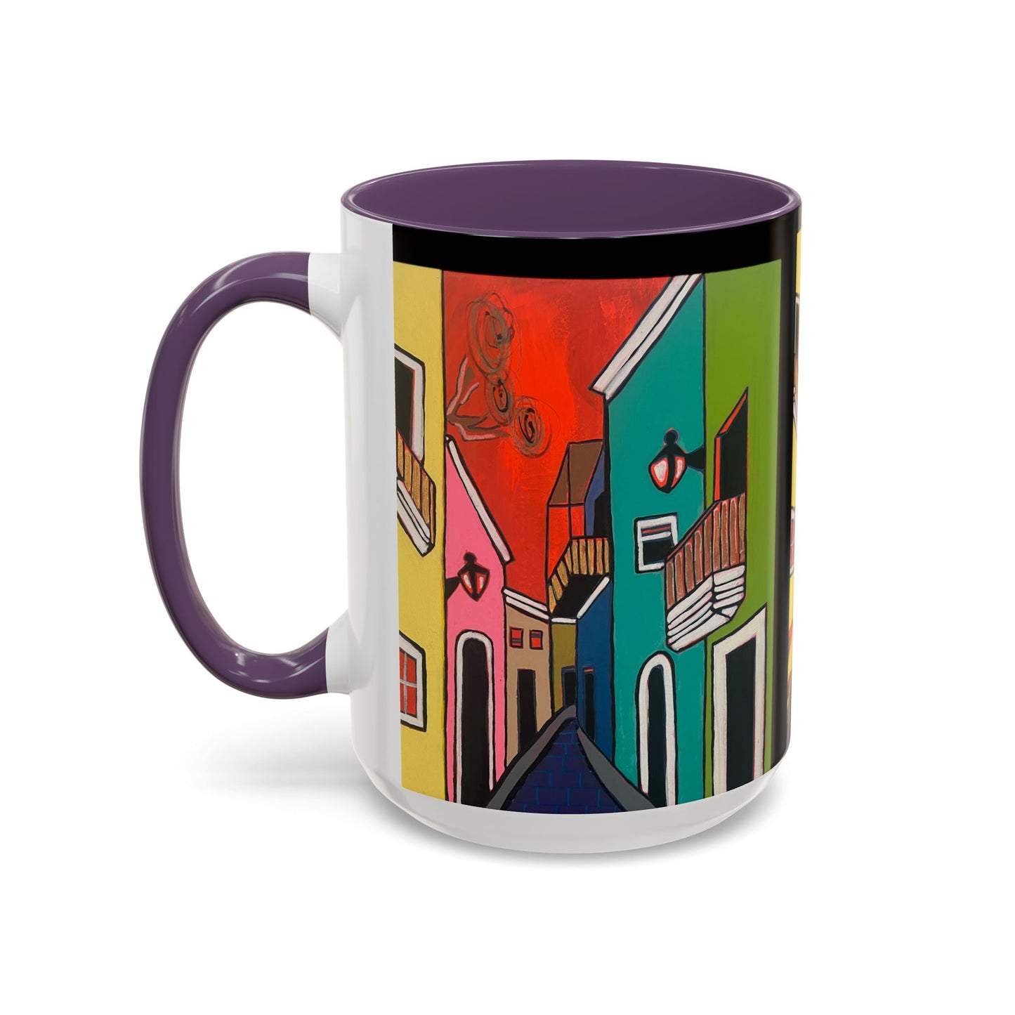 SAN SEBASTIAN.  Colorful Street Scene Accent Coffee Mug — Vibrant Urban Art Ceramic Mug (11/15oz)