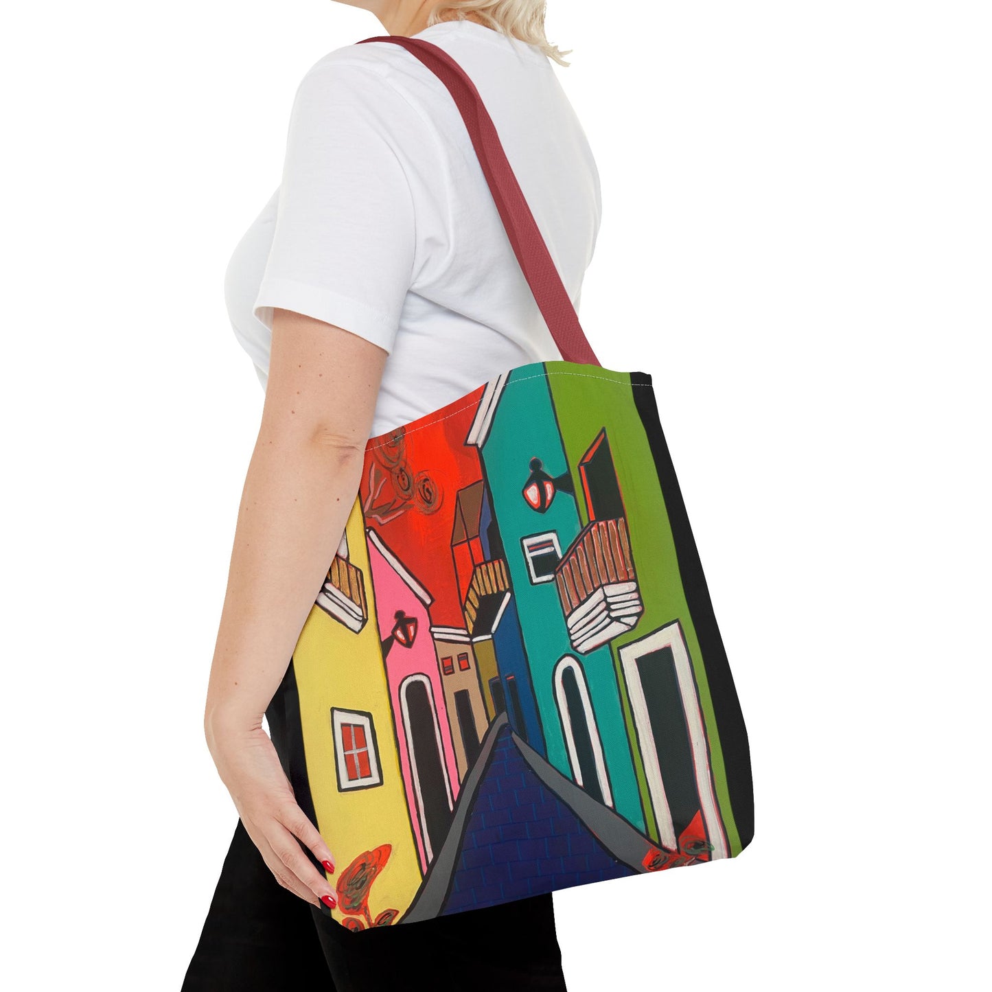 SAN SEBASTIAN.  Colorful Street Art Tote Bag – Vibrant Cityscape AOP Tote