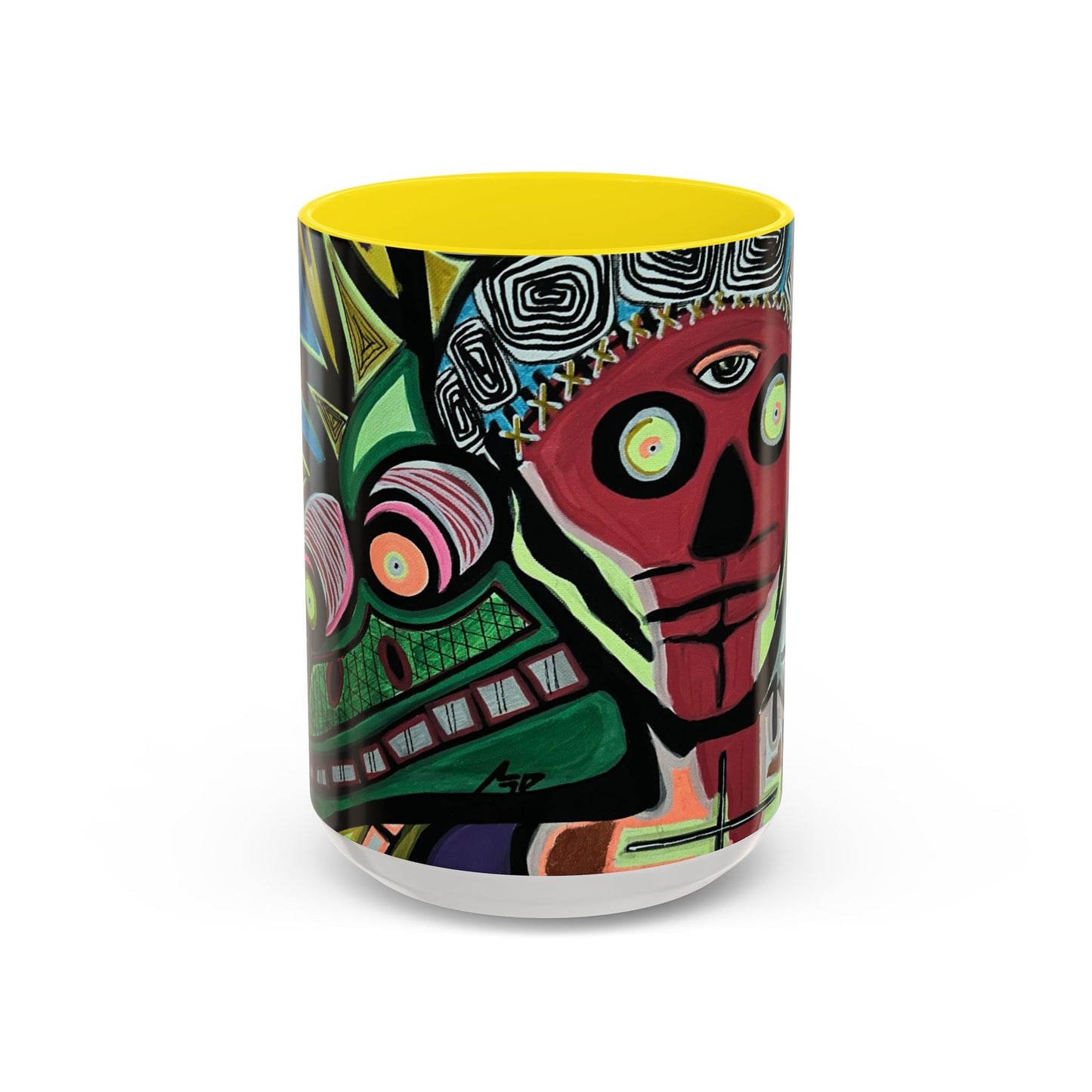 Abstract Day of the Dead Skull Accent Coffee Mug — Colorful Neon Skull Art (11/15oz)