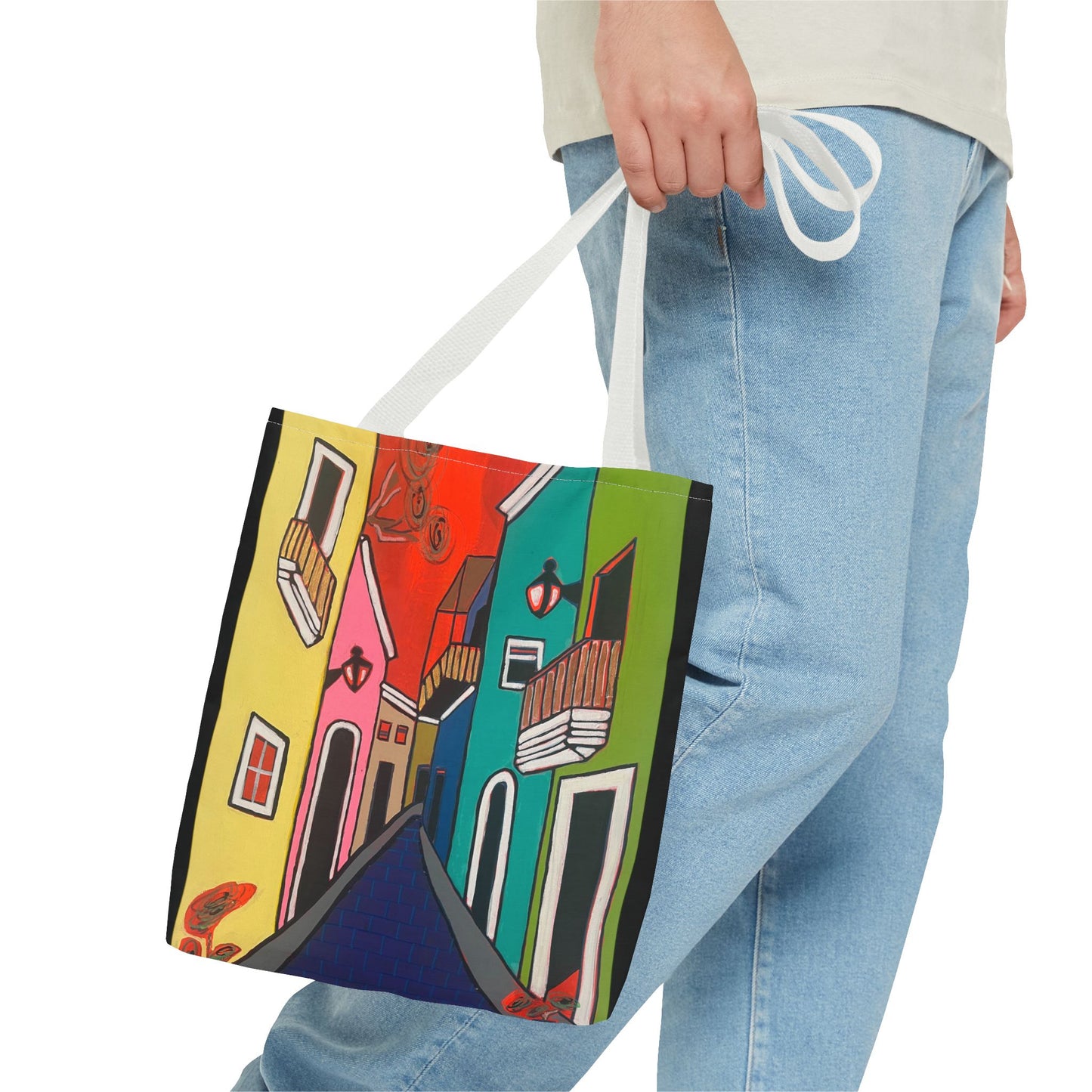 SAN SEBASTIAN.  Colorful Street Art Tote Bag – Vibrant Cityscape AOP Tote