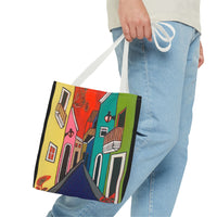 SAN SEBASTIAN.  Colorful Street Art Tote Bag – Vibrant Cityscape AOP Tote