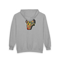 VINCENT.  Skull Graphic Zip Hoodie — Neon Retro Art Back Patch
