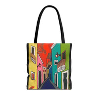 SAN SEBASTIAN.  Colorful Street Art Tote Bag – Vibrant Cityscape AOP Tote