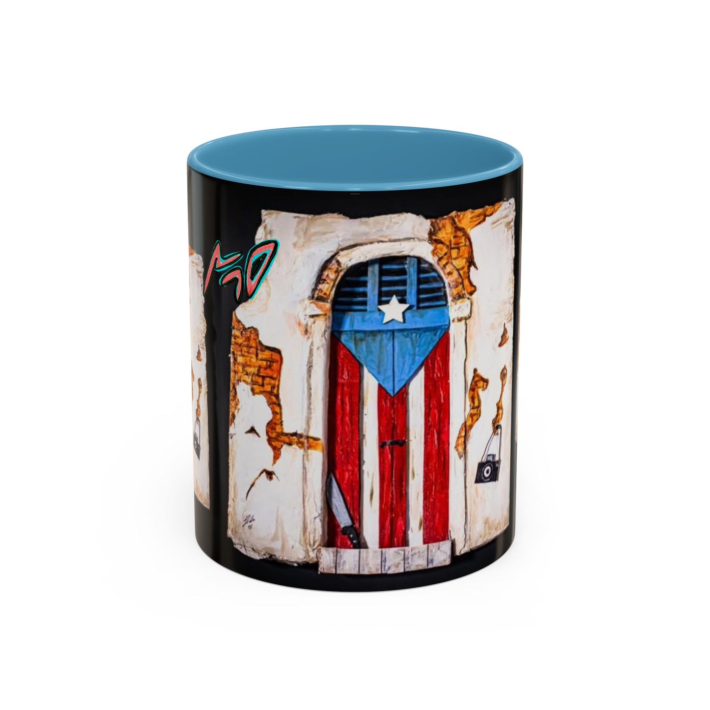 Puerto Rico Flag Door Accent Coffee Mug — Vintage Rustic Boricua Pride (11/15oz)