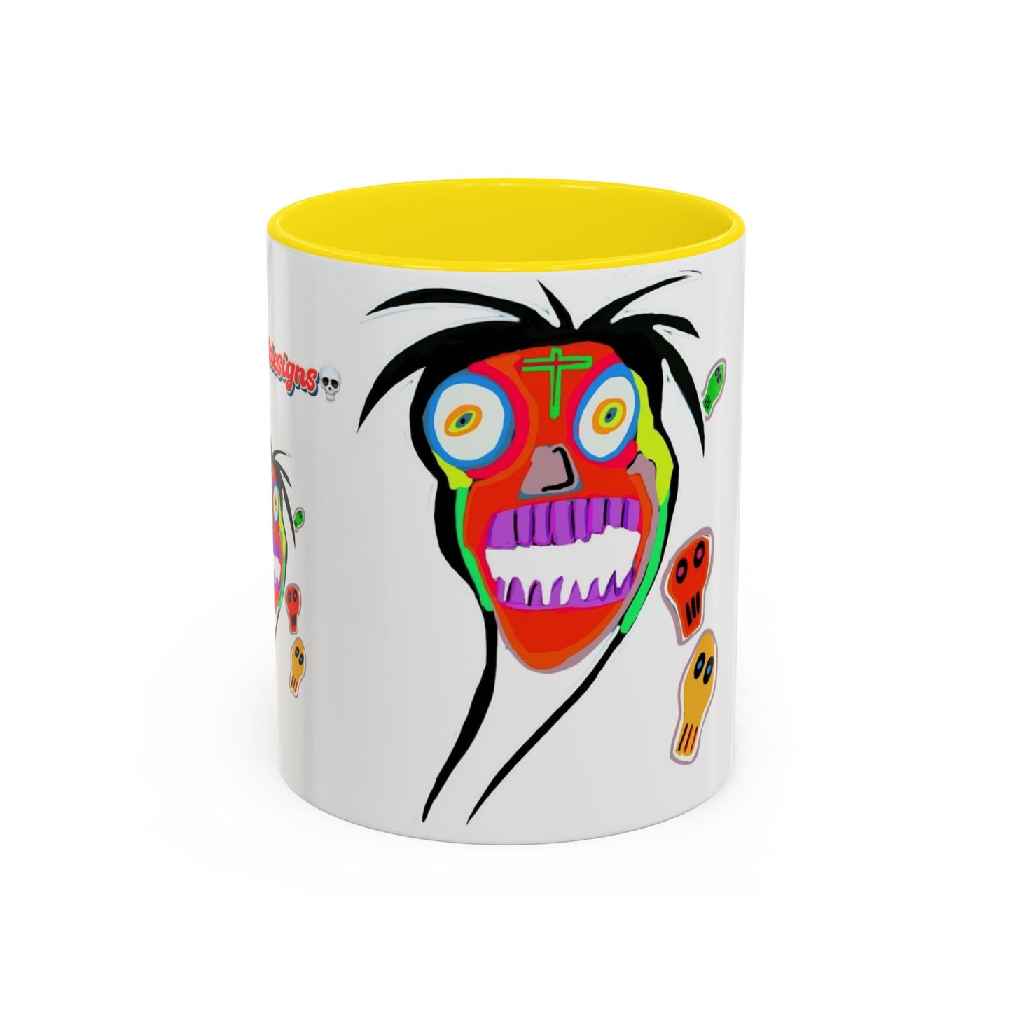 Skullface Accent Coffee Mug — Colorful Day of the Dead Pop Art (11/15oz)