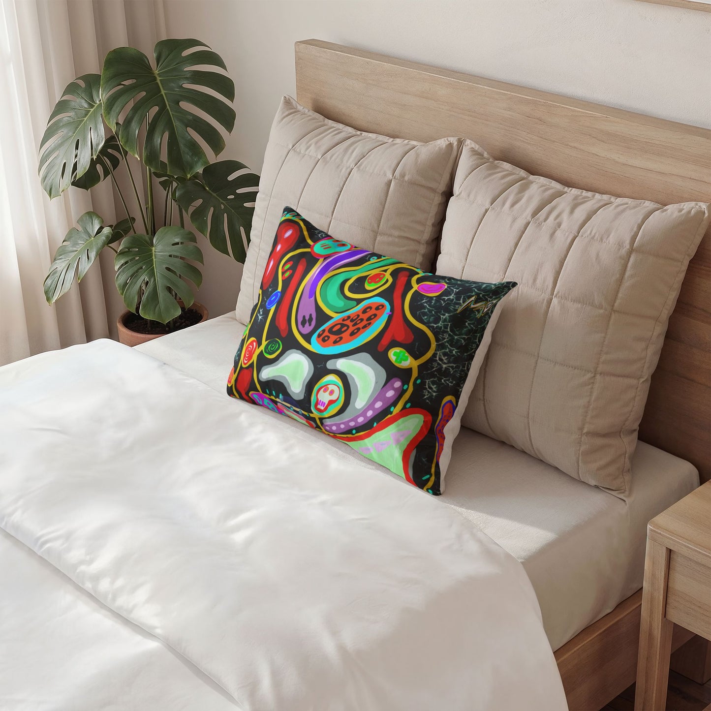 Abstract Neon Doodle Pillow Sham — Colorful Psychedelic Cotton Throw
