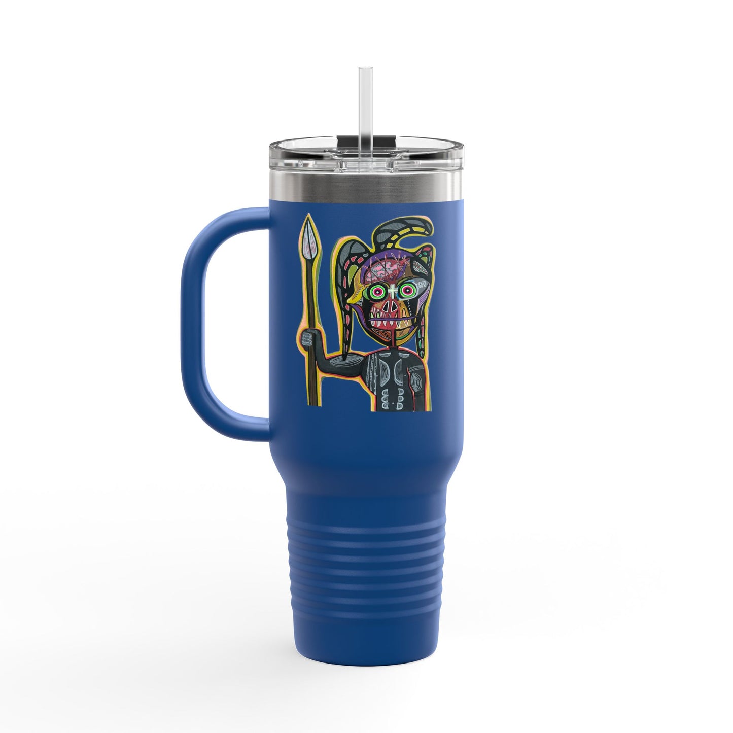 MOVINCHIARTDESIGNS.  40oz Insulated Travel Mug — Colorful Abstract Skull Design, Spill‑Resistant Tumbler