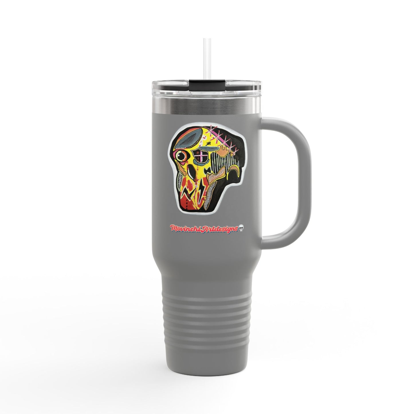 MOVINCHIARTDESIGNS.  40oz Insulated Travel Mug — Colorful Abstract Skull Design, Spill‑Resistant Tumbler