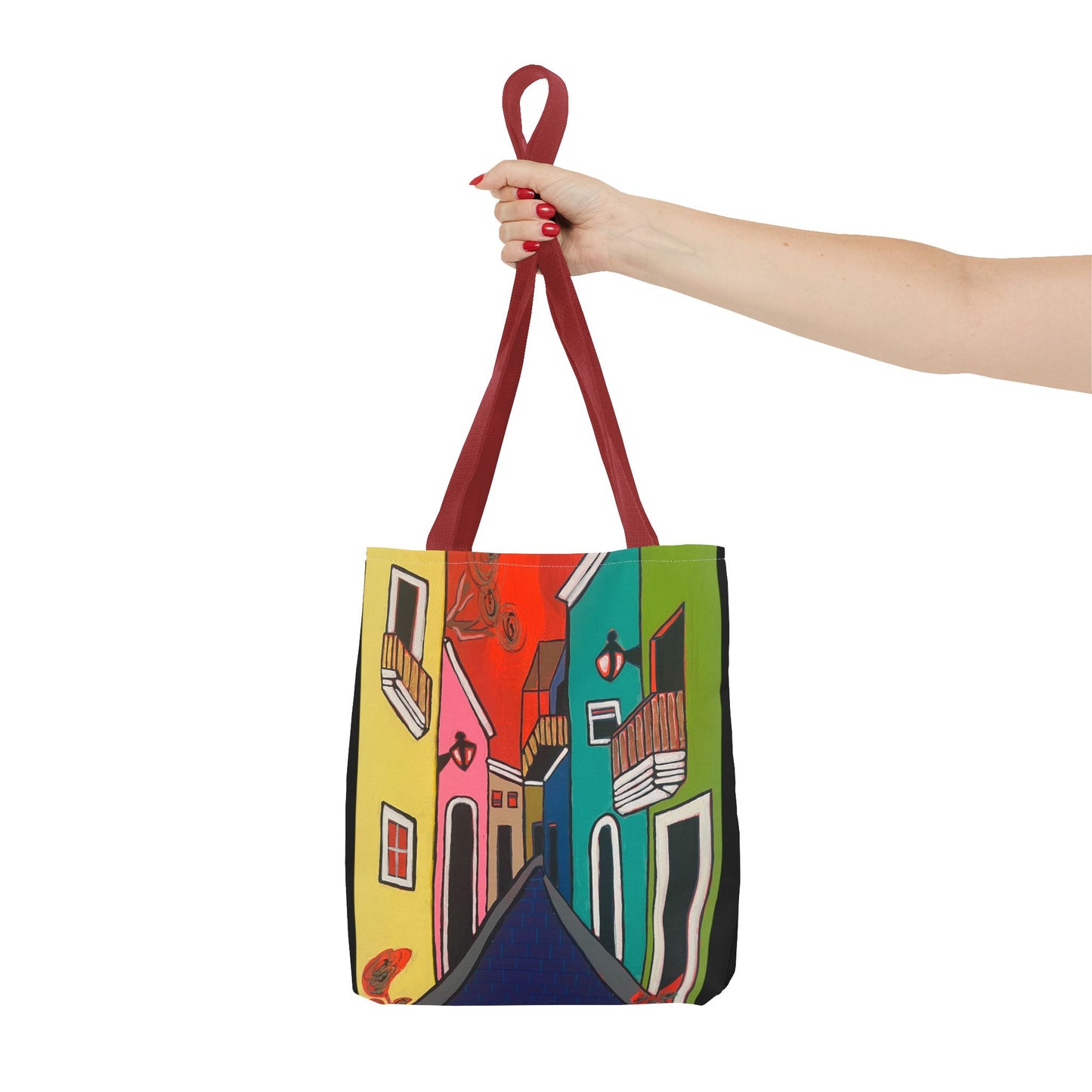 SAN SEBASTIAN.  Colorful Street Art Tote Bag – Vibrant Cityscape AOP Tote